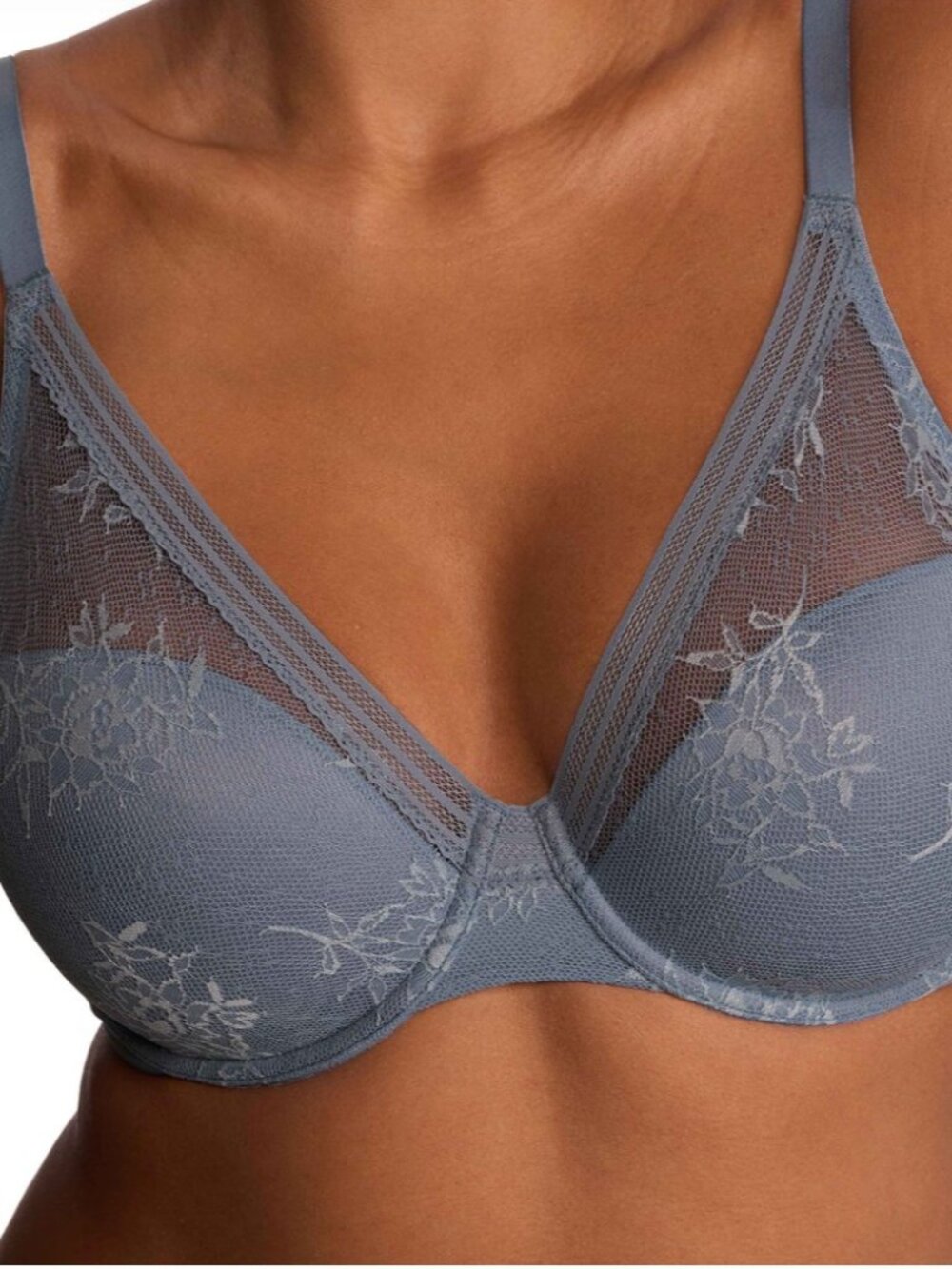 Natori Love Lace Back Smoothing Plunge T-Shirt Bra Country Blue Sz 40DD